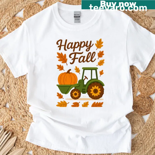 T-shirt featuring a fall tractor with pumpkins and leaves
