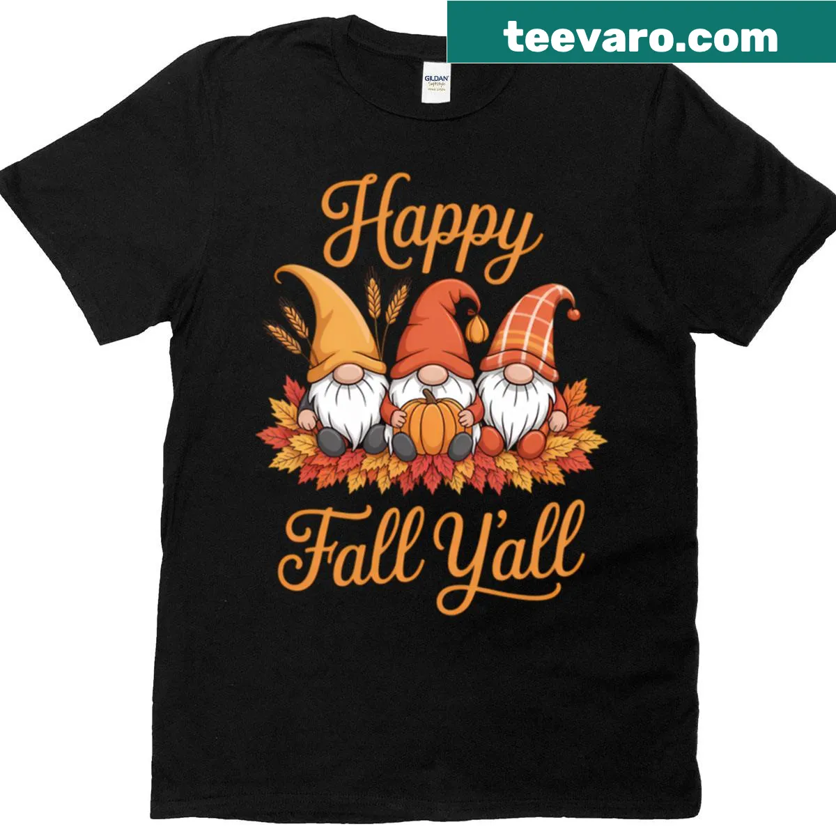Whimsical autumn gnomes celebrating Thanksgiving — on a men's t-shirt