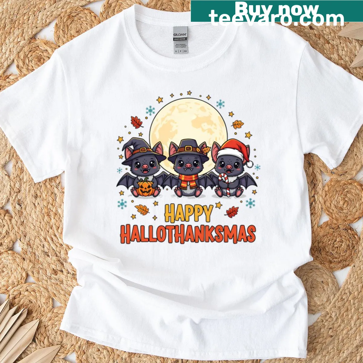 Cartoon bat design featuring a holiday mashup of Halloween, Thanksgiving, and Christmas — on a men's t-shirt