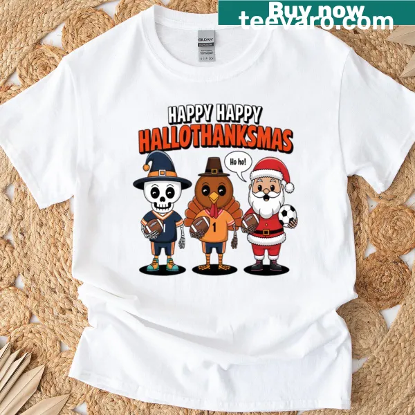 Cute holiday-themed T-shirt featuring Halloween, Thanksgiving, and Christmas designs