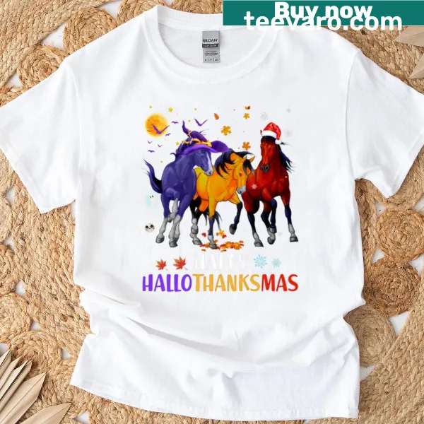Hallothanksmas themed T-shirt featuring a whimsical horse
