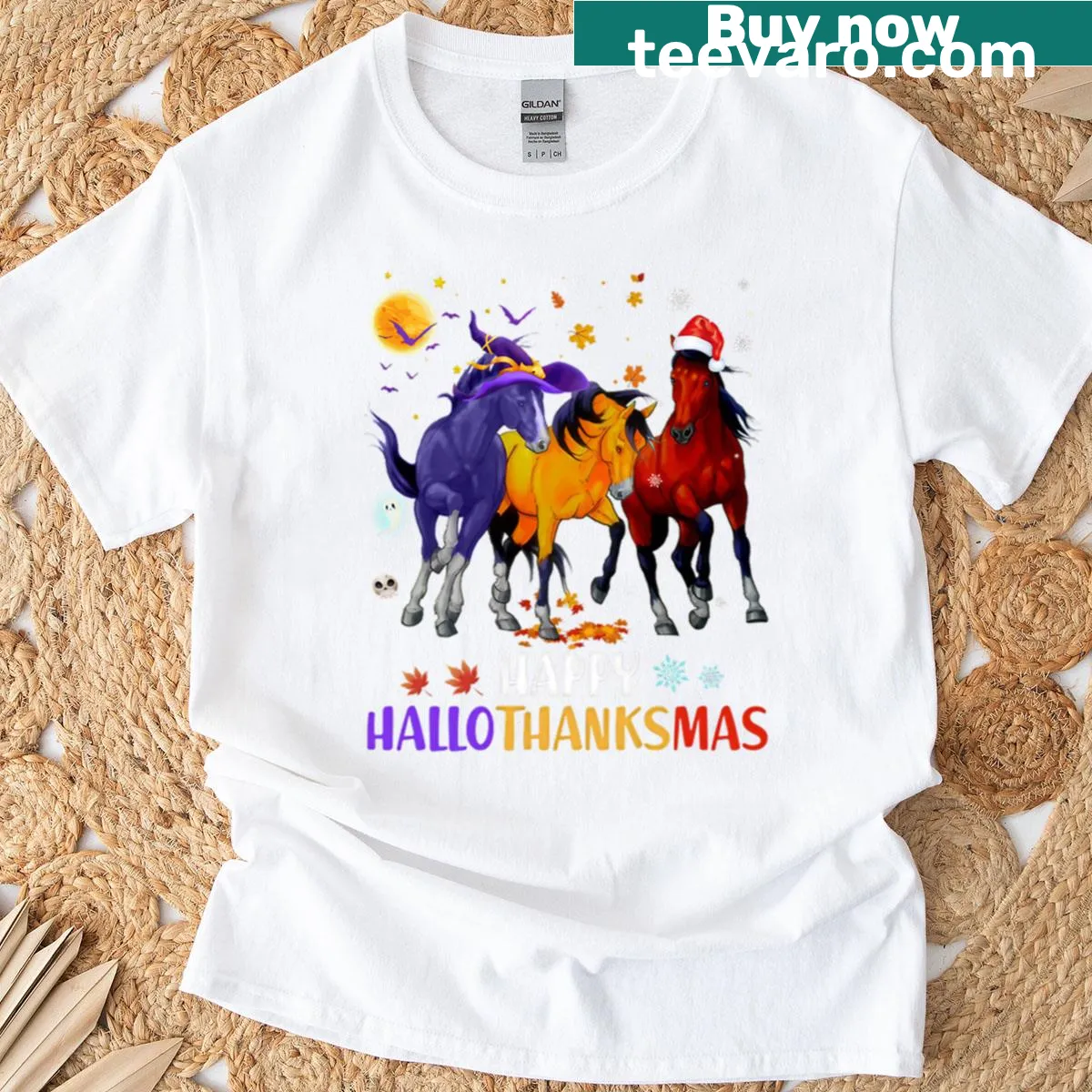 Hallothanksmas themed T-shirt featuring a whimsical horse — on a men's t-shirt