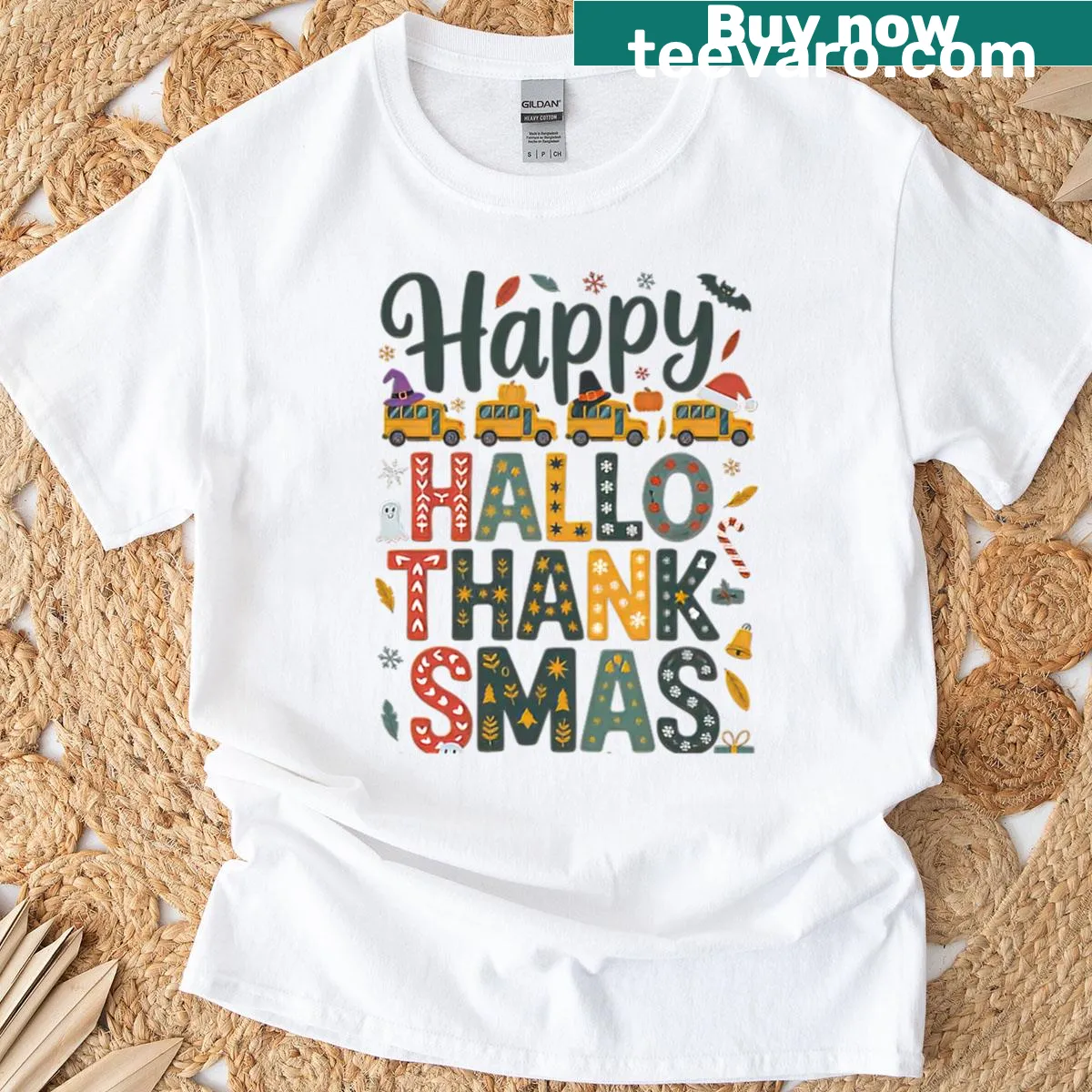 School bus T-shirt celebrating Halloween, Thanksgiving, and Christmas — on a men's t-shirt