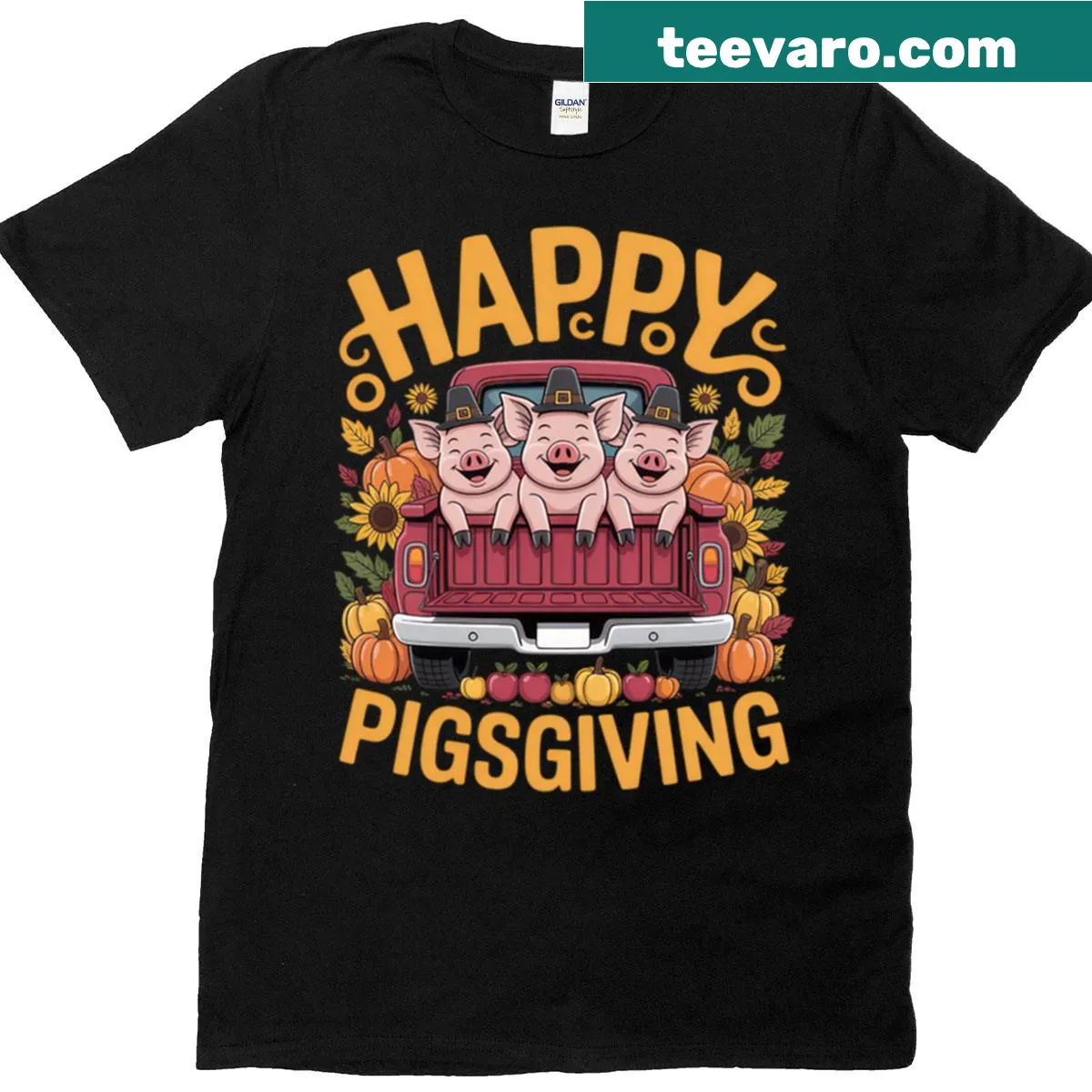 Adorable illustration of happy pigs with pumpkins for Thanksgiving — on a men's t-shirt