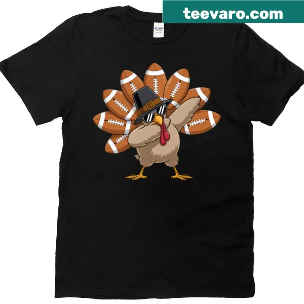 Thanksgiving T-shirt with a cartoon turkey dabbing in a football theme