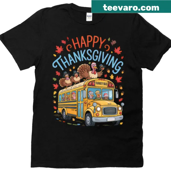 Thanksgiving t-shirt featuring a turkey and school bus graphic for the holiday