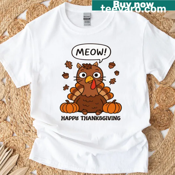 Funny turkey pretending to be a cat graphic on a T-shirt