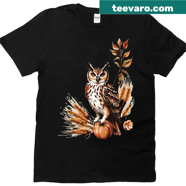 Artistic t-shirt featuring an owl and autumn elements designed by Anne Brooke