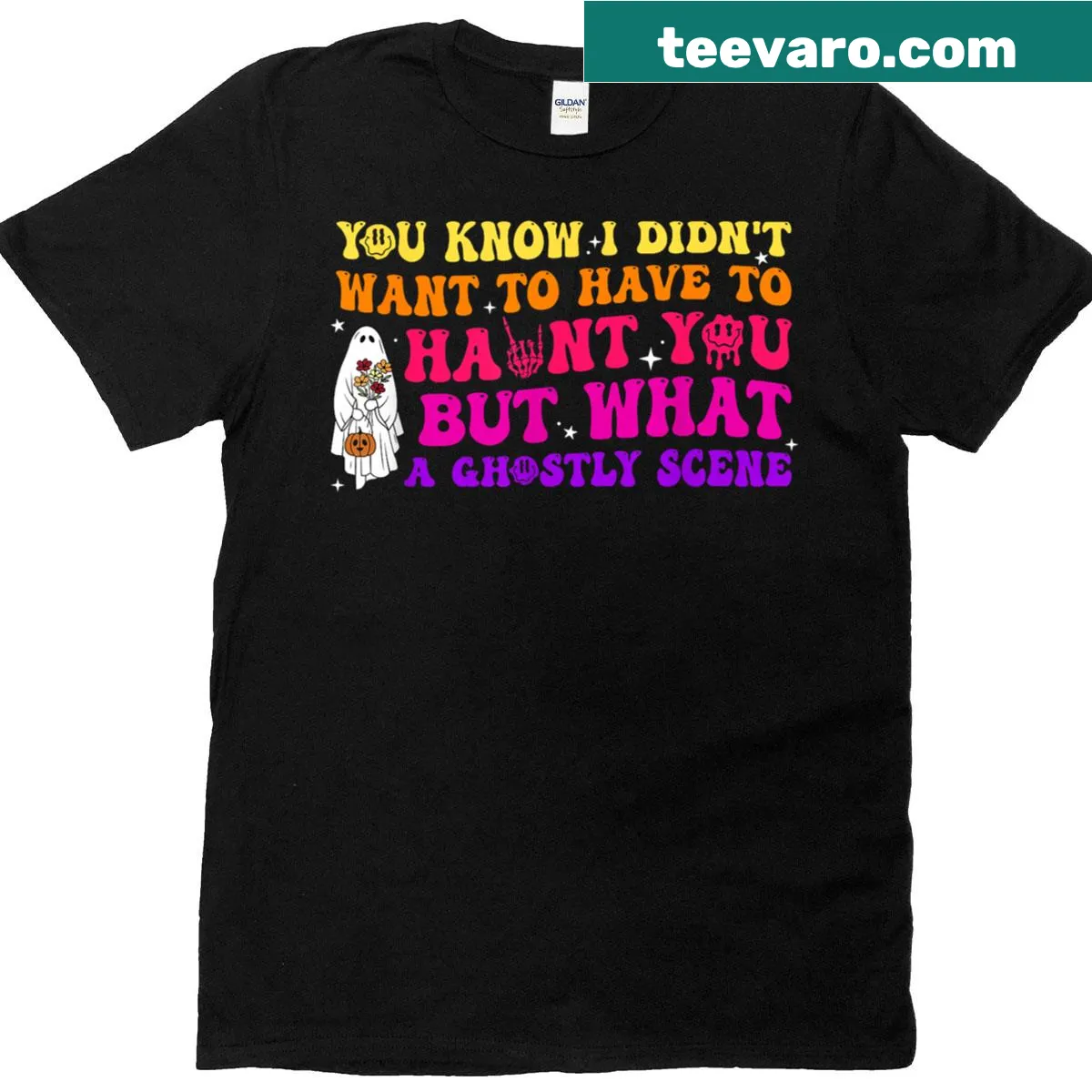 Whimsical Halloween T-shirt featuring a ghostly scene illustration — on a men's t-shirt