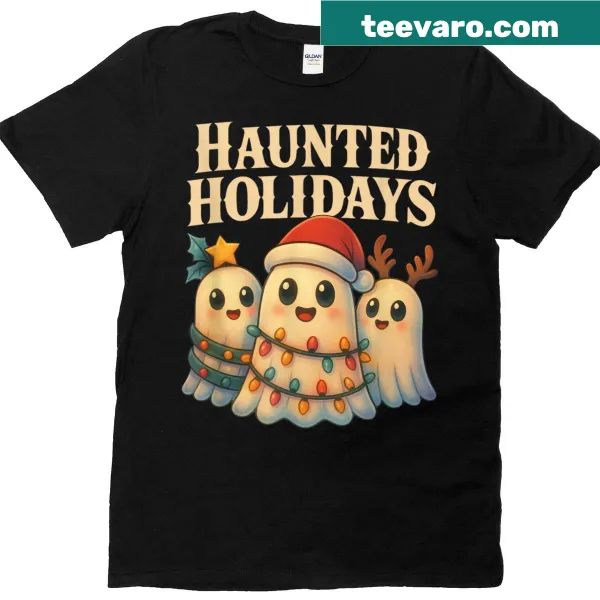 Cute cartoon ghosts celebrating Christmas on T-shirt