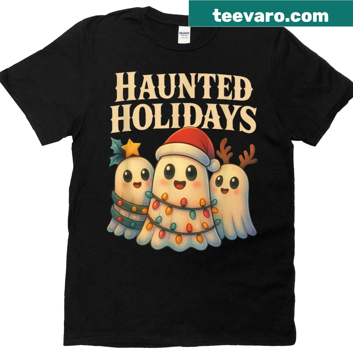 Cute cartoon ghosts celebrating Christmas on T-shirt — on a men's t-shirt