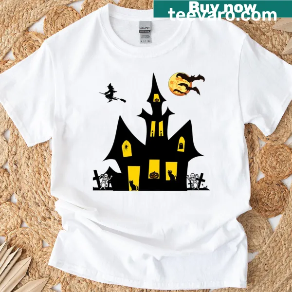 Haunted house graphic on a spooky T-shirt.