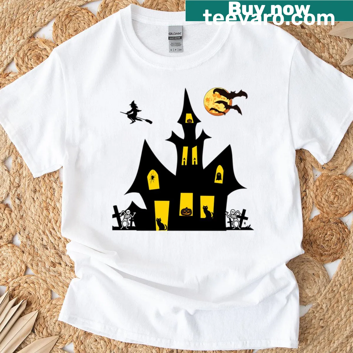 Haunted house graphic on a spooky T-shirt. — on a men's t-shirt