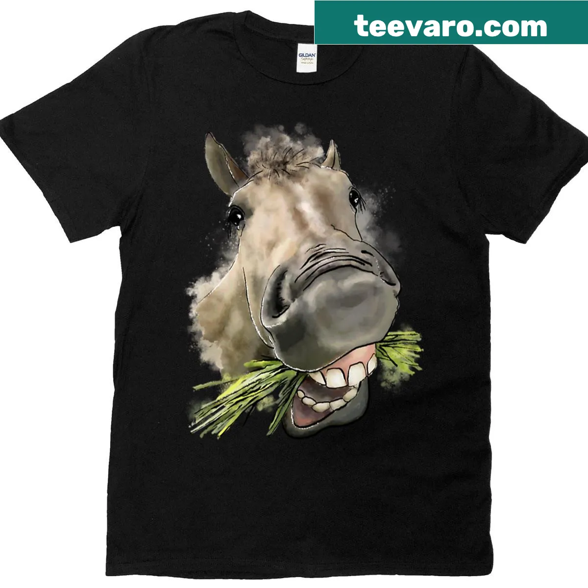 Funny T-shirt with a smiling cartoon horse design — on a men's t-shirt