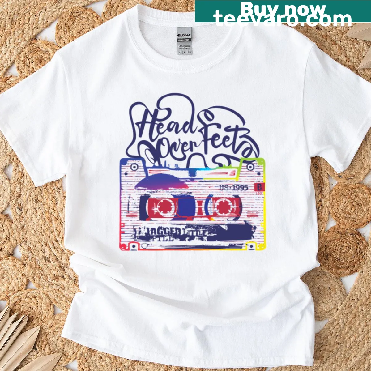 Playful typography t-shirt featuring the phrase 'Head Over Feet' — on a men's t-shirt