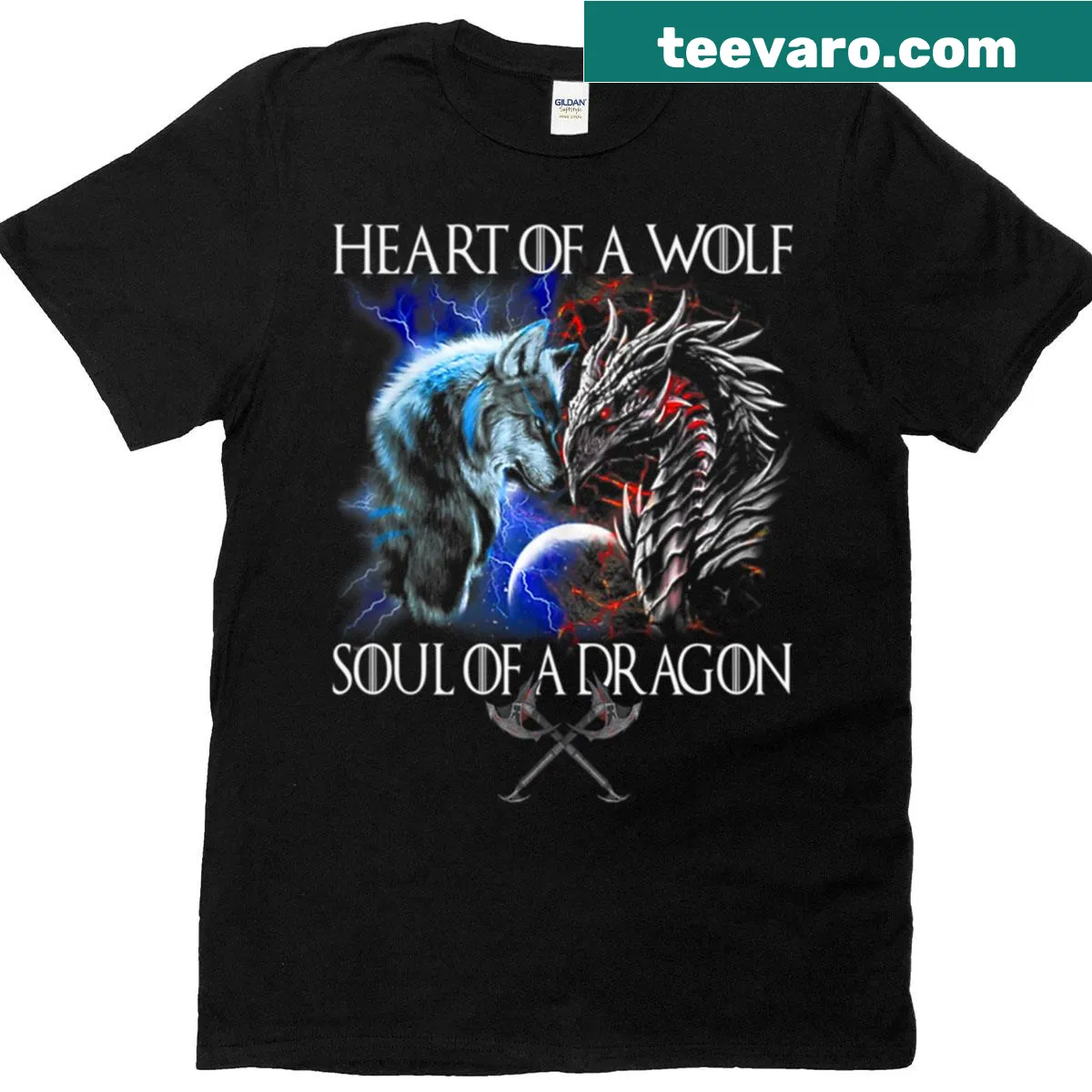 T-shirt featuring a wolf and dragon graphic symbolizing wild spirit — on a men's t-shirt