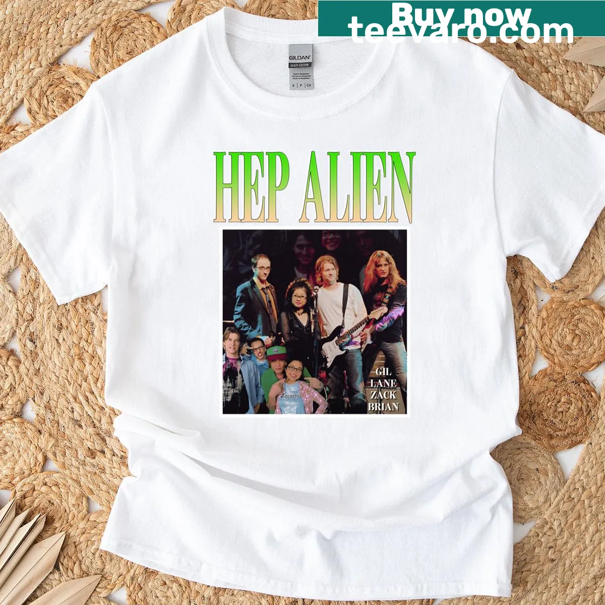 T-shirt featuring a whimsical Hep Alien graphic — on a men's t-shirt