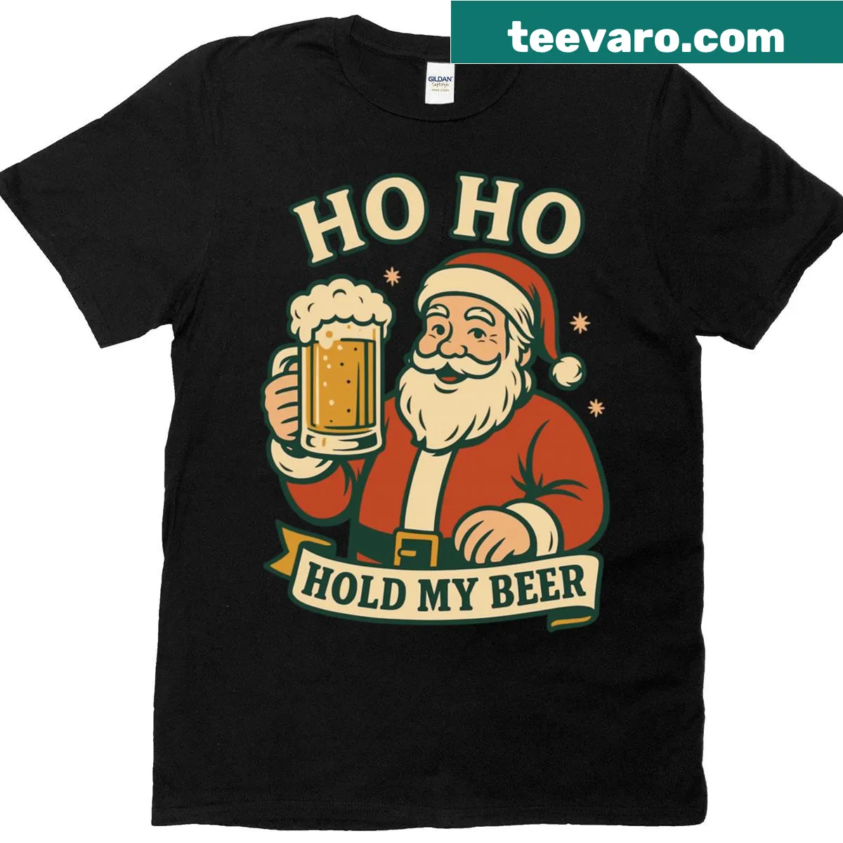 Funny Santa t-shirt with the phrase Ho Ho Hold My Beer — on a men's t-shirt