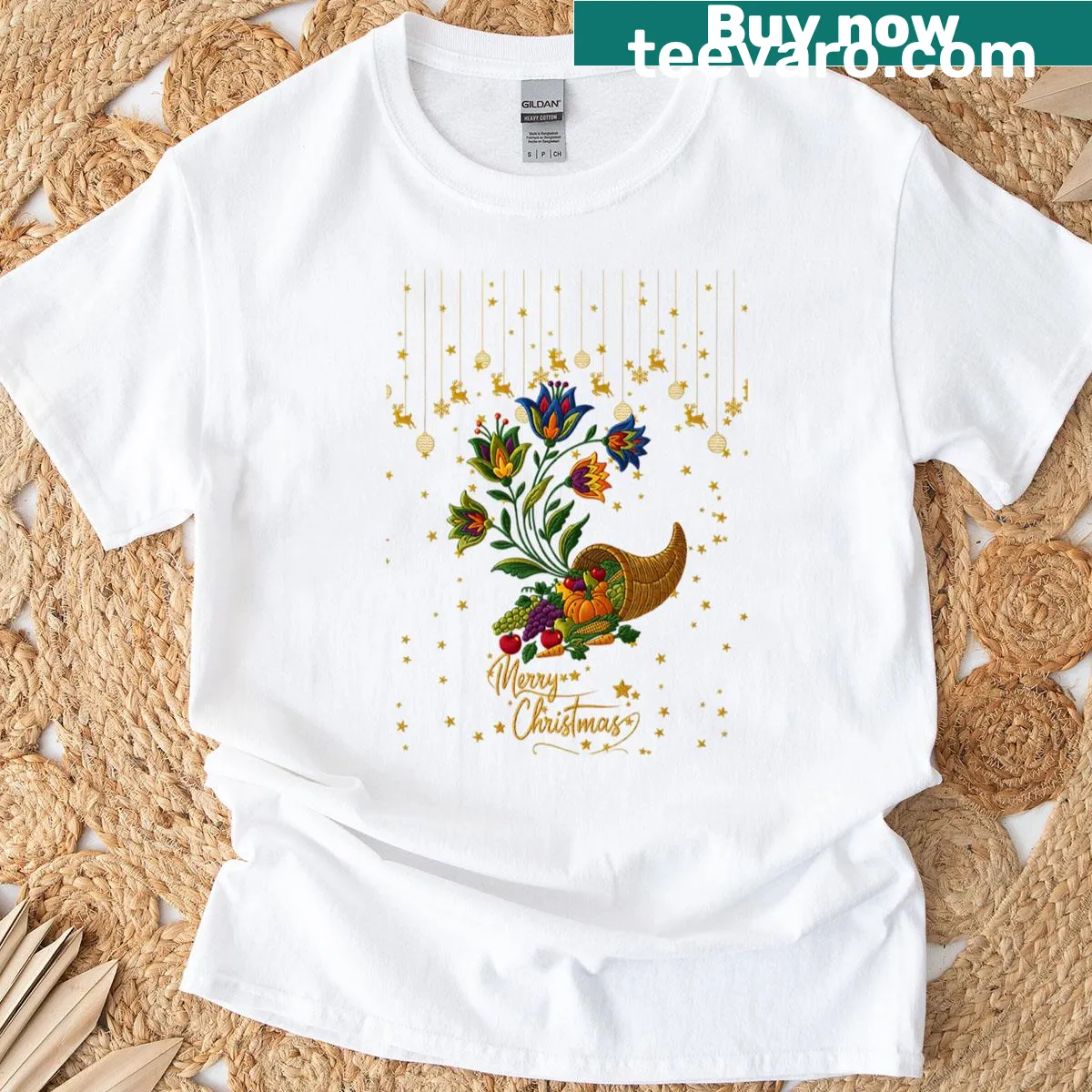 Christmas T-shirt featuring a horn of plenty with fruits and flowers — on a men's t-shirt