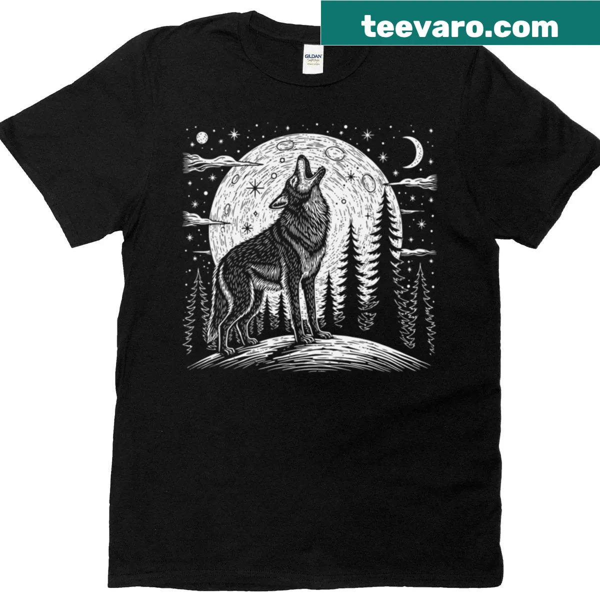 Linocut style T-shirt featuring a howling wolf and moon design — on a men's t-shirt
