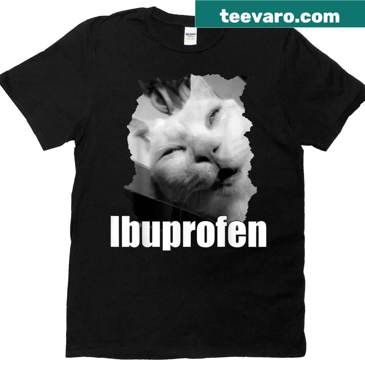 Funny cat meme t-shirt featuring a cat and ibuprofen reference. — on a men's t-shirt