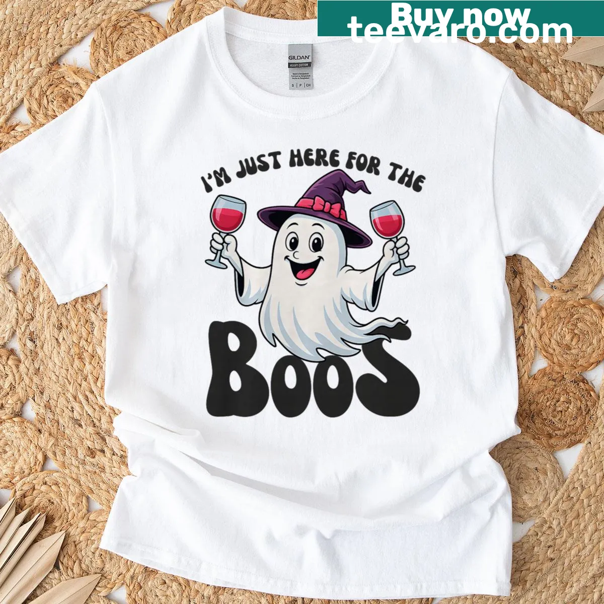 Funny Halloween t-shirt with ghost and witches hat illustration and humorous text — on a men's t-shirt
