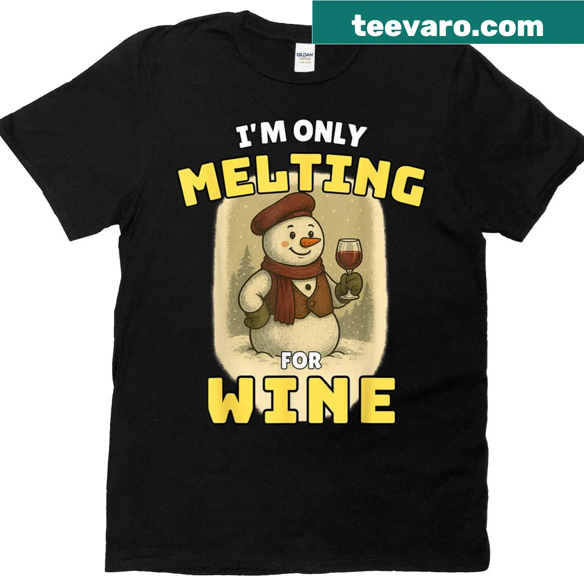 Funny snowman holding a wine glass graphic t-shirt — on a men's t-shirt