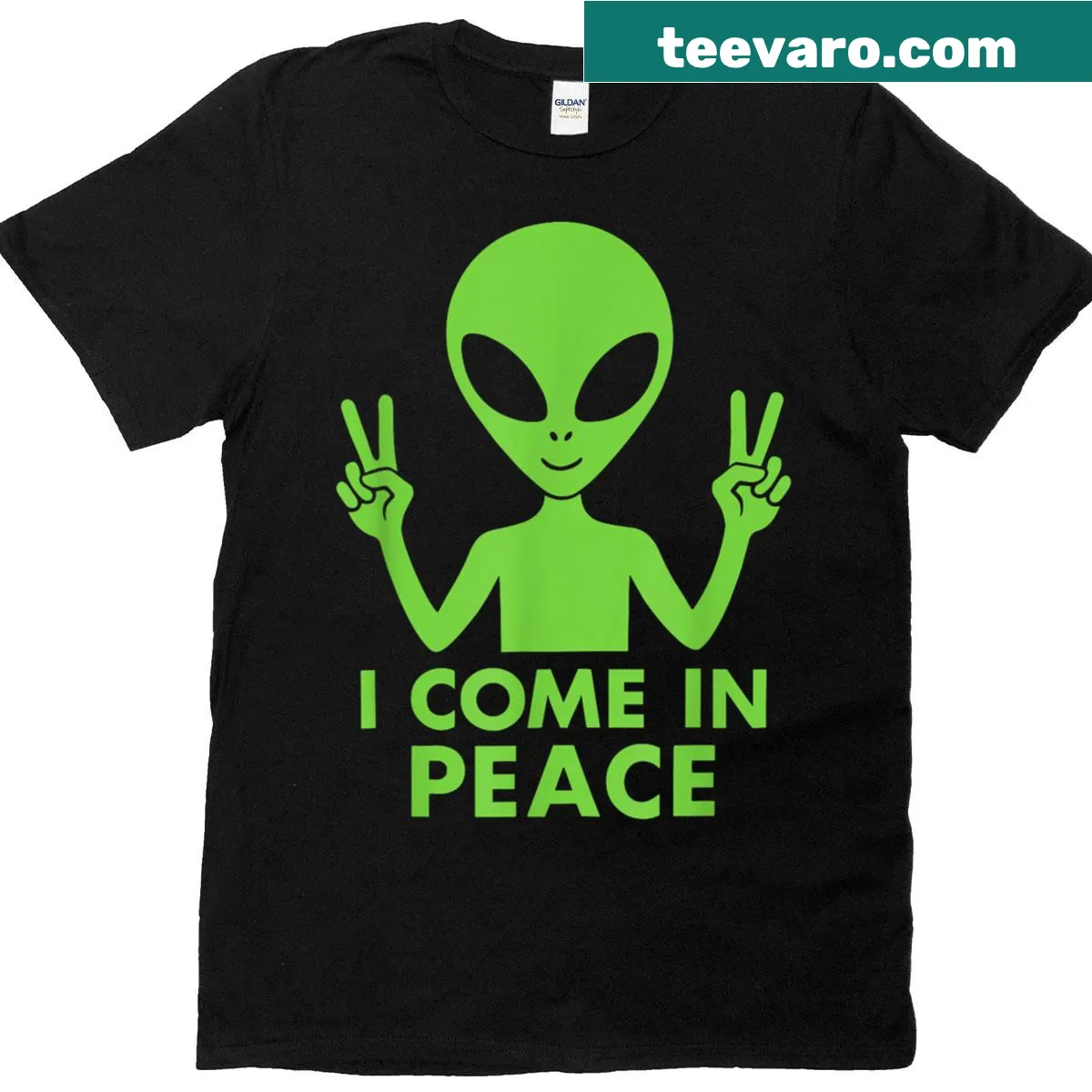 Funny alien t-shirt with the phrase I Come In Peace — on a men's t-shirt