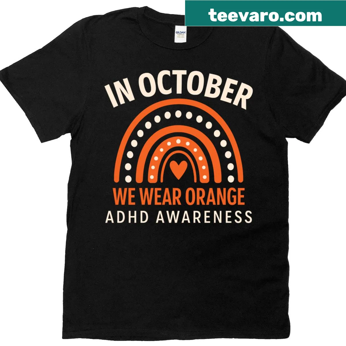 ADHD awareness t-shirt featuring the phrase In October We Wear Orange — on a men's t-shirt