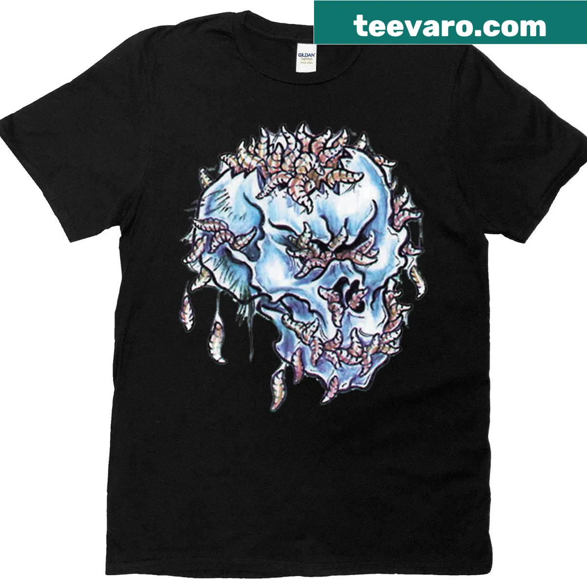 Skull graphic T-shirt with an infected design for horror lovers — on a men's t-shirt