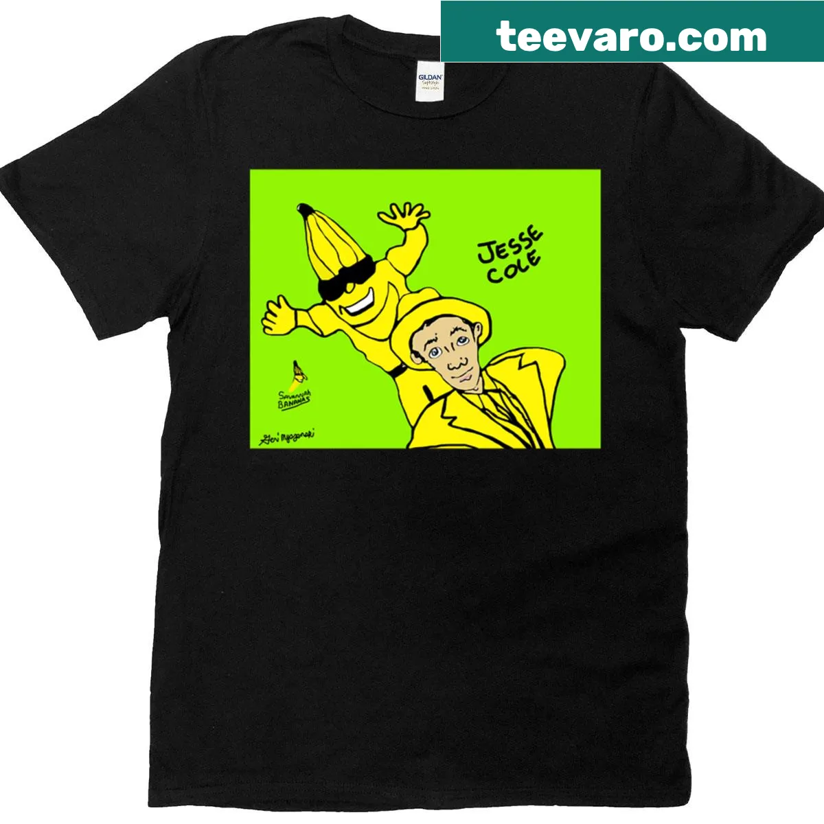 Playful illustration tee featuring Jesse Cole and the Savannah Bananas. — on a men's t-shirt