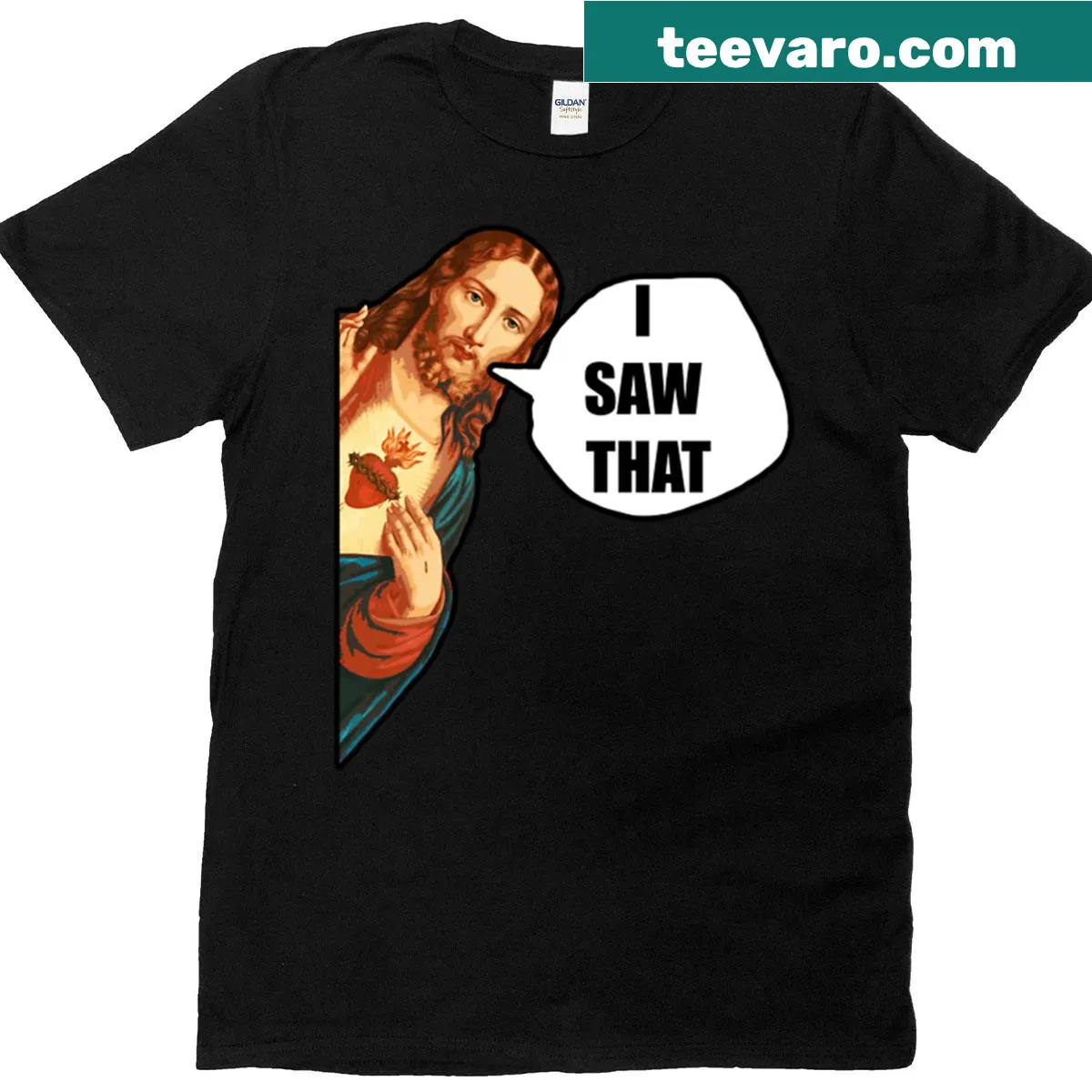 Funny t-shirt with the phrase Jesus I Saw That — on a men's t-shirt