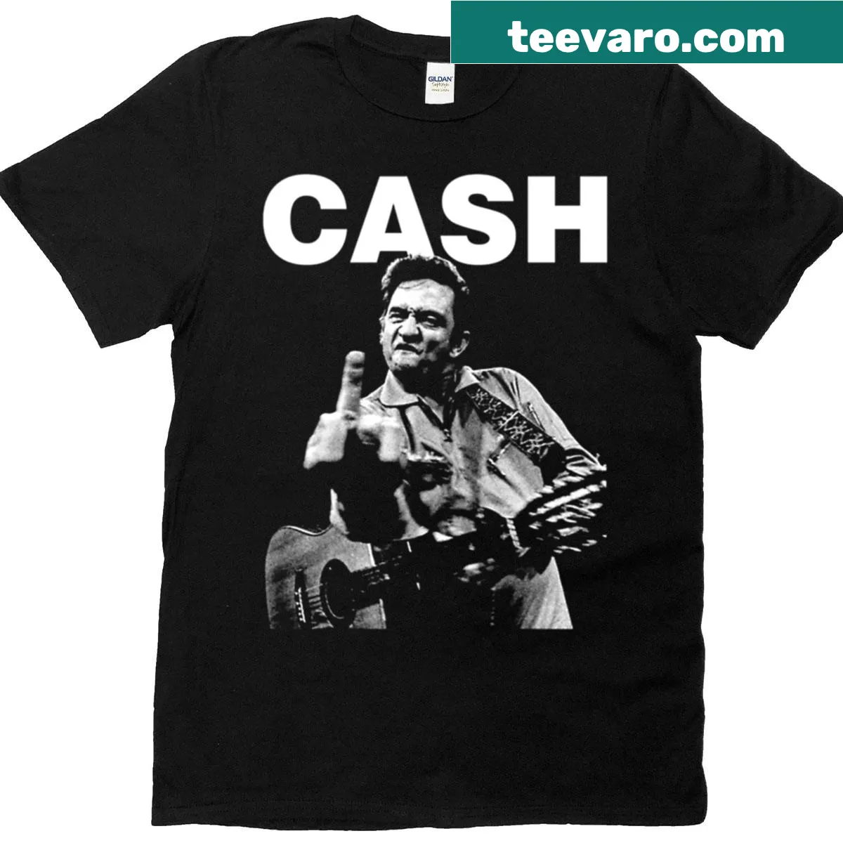 Vintage-style shirt featuring Johnny Cash and a middle finger graphic — on a men's t-shirt