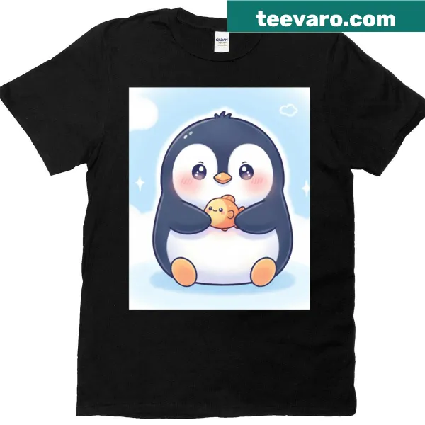 Cute cartoon penguin holding fish illustration T-shirt