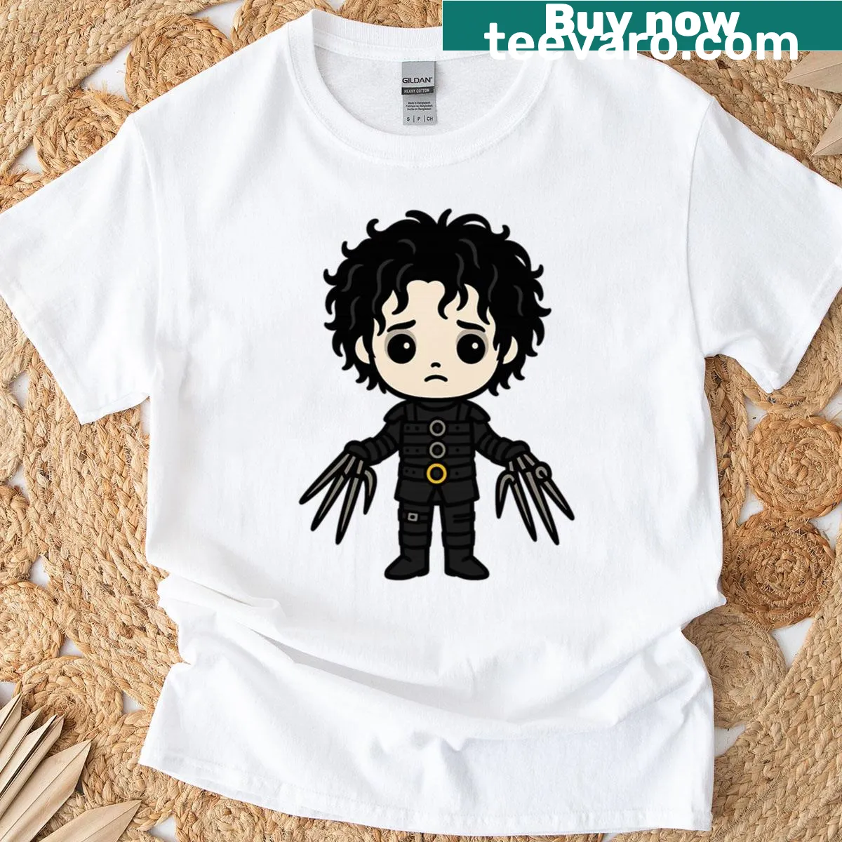 Cute Edward Scissorhands cartoon graphic t-shirt — on a men's t-shirt