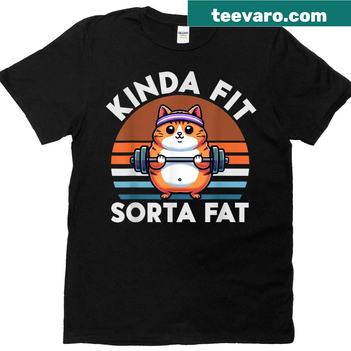Funny Kinda Fit Sorta Fat gym T-shirt with cat theme — on a men's t-shirt