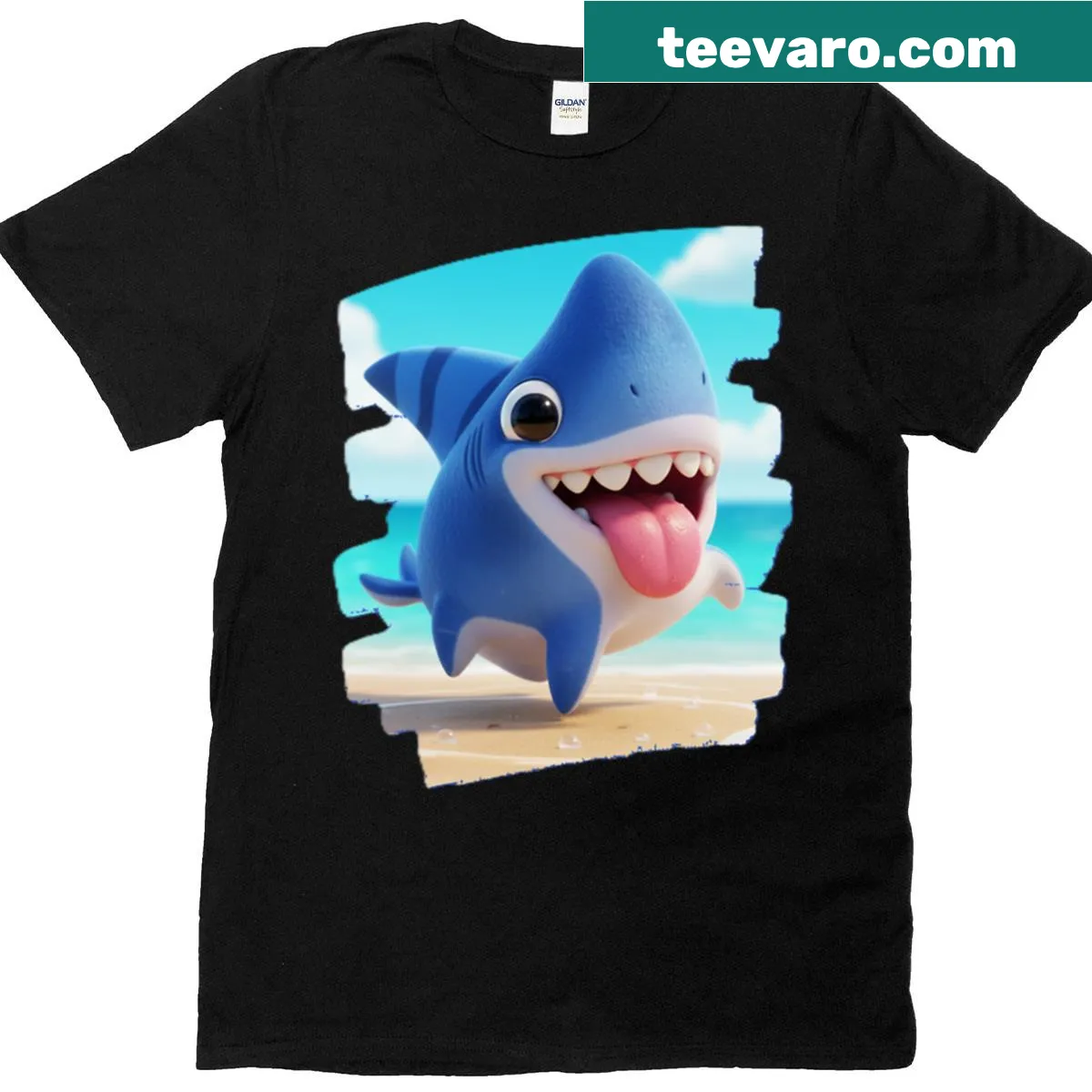 3D t-shirt depicting a cute dog combined with a whimsical shark. — on a men's t-shirt