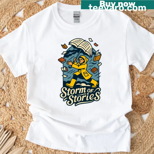 Cartoon graphic T-shirt of a librarian with books and umbrella