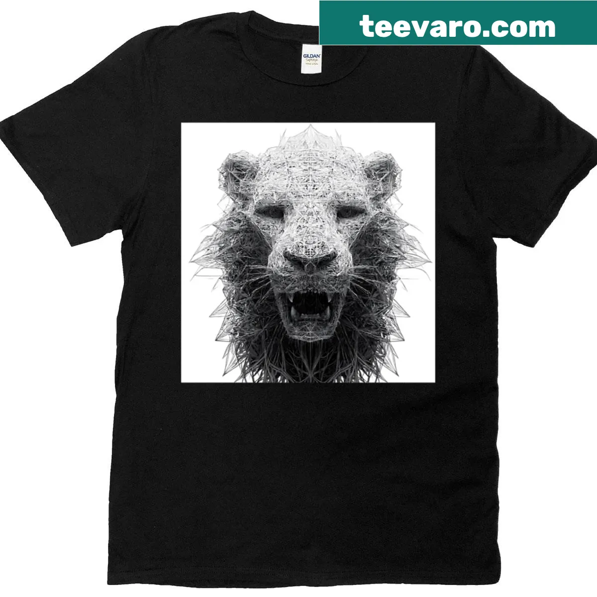 Geometric lion head art T-shirt with lattice design — on a men's t-shirt