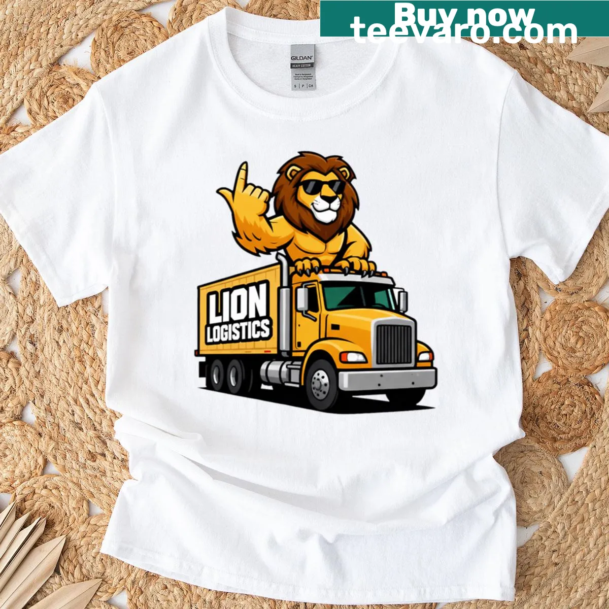 T-shirt featuring a lion illustration representing logistics and transport — on a men's t-shirt