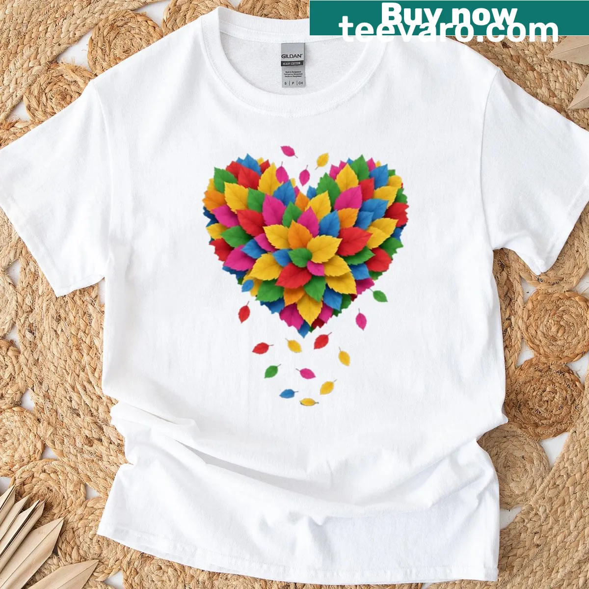 Multicolored leaf heart design T-shirt celebrating nature — on a men's t-shirt