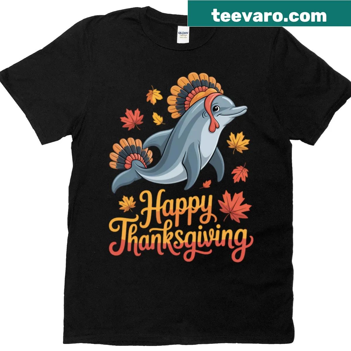 Whimsical Thanksgiving t-shirt with a turkey and dolphin illustration — on a men's t-shirt