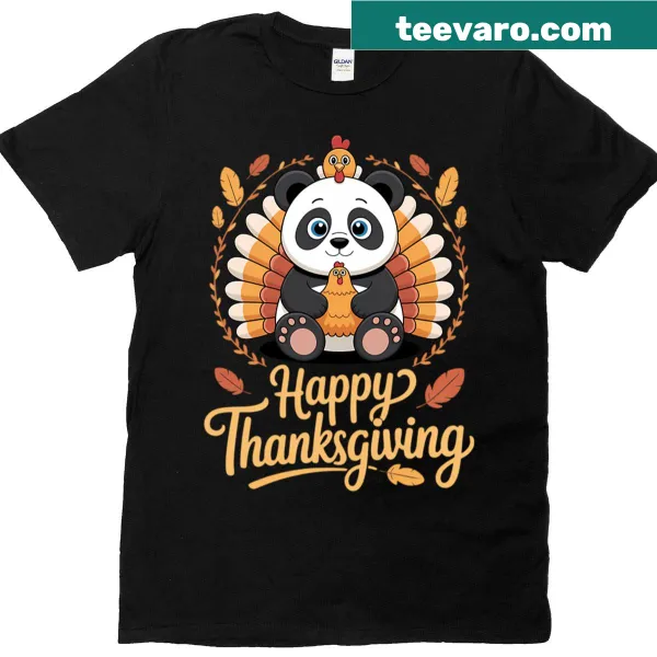 Cute T-shirt featuring a cartoon turkey panda for Thanksgiving