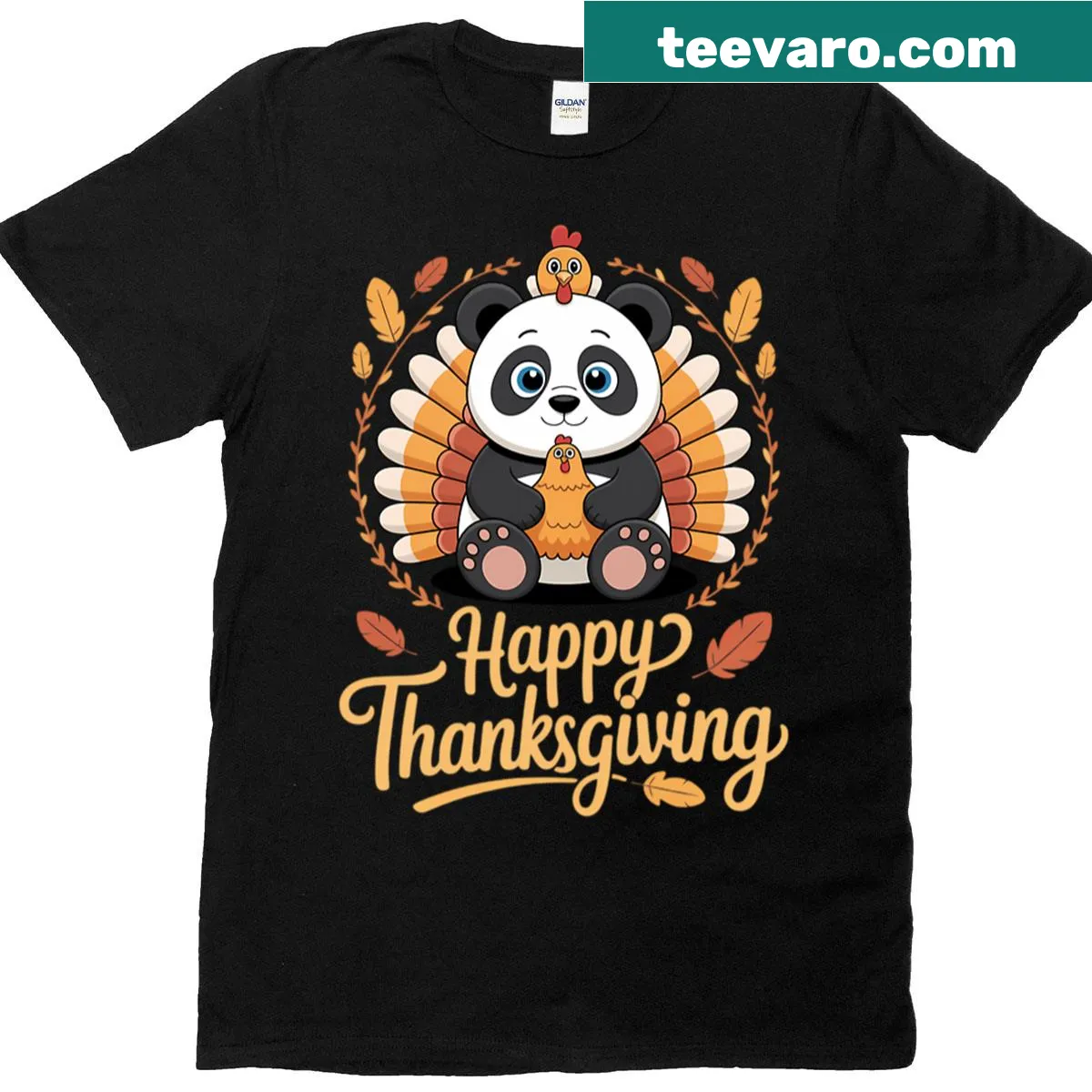 Cute T-shirt featuring a cartoon turkey panda for Thanksgiving — on a men's t-shirt