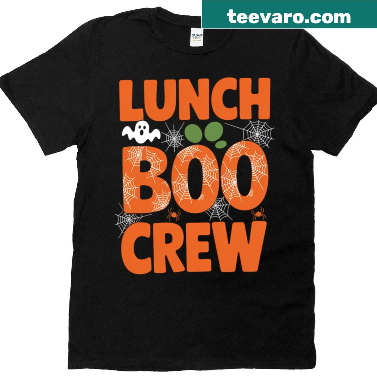 Halloween t-shirt with 'Lunch Lady Boo Crew' graphic — on a men's t-shirt