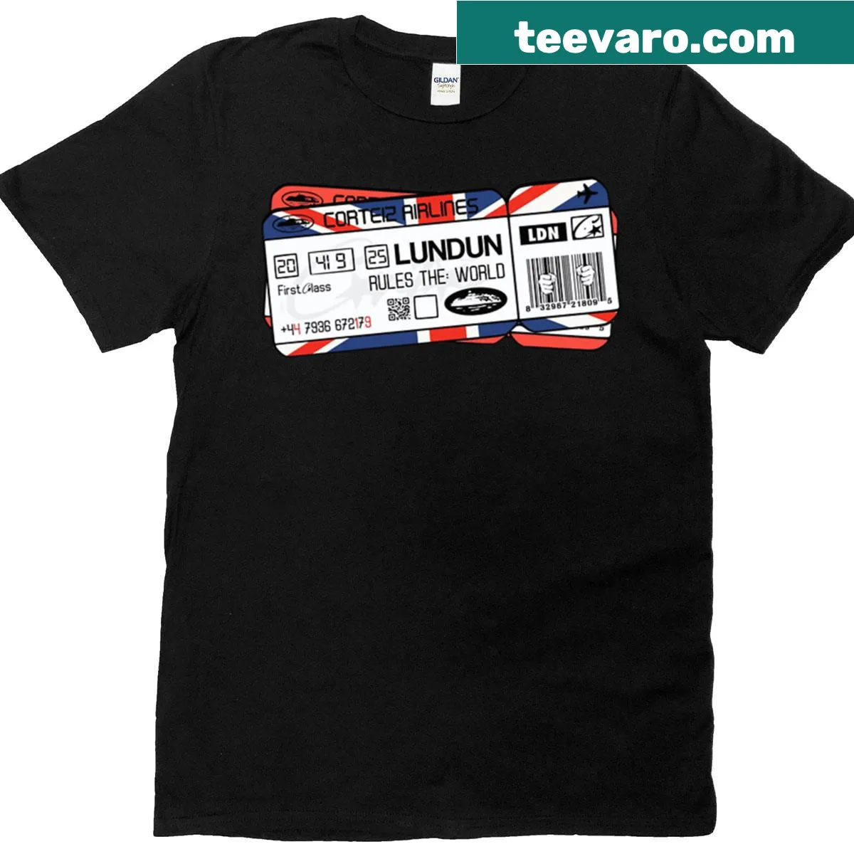 Travel-inspired t-shirt featuring 'Lundun Airlines' graphic — on a men's t-shirt