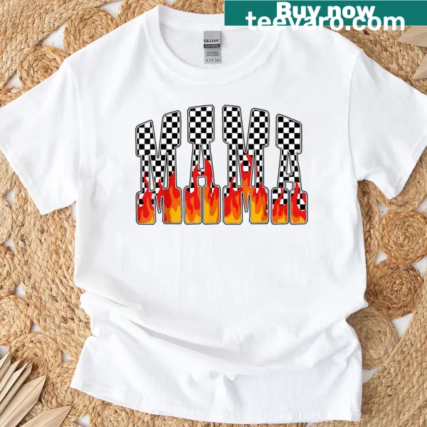Retro flame and checkered design with 'Mama' text on a T-shirt.