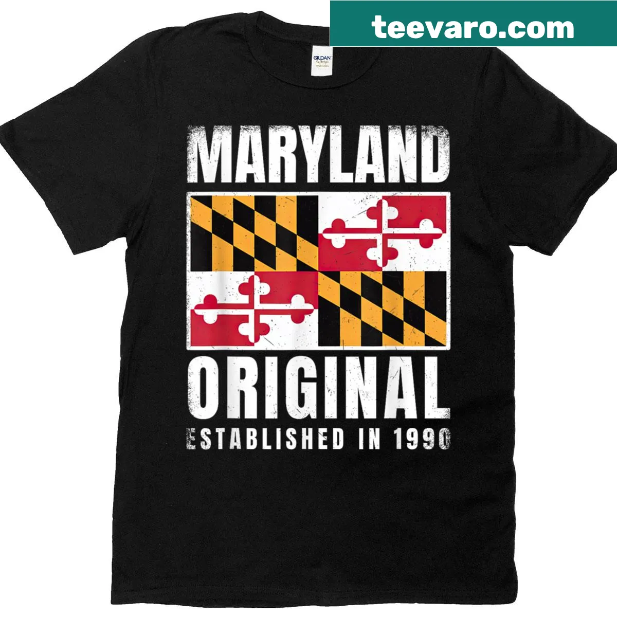 Maryland state flag T-shirt with original 1990 design — on a men's t-shirt