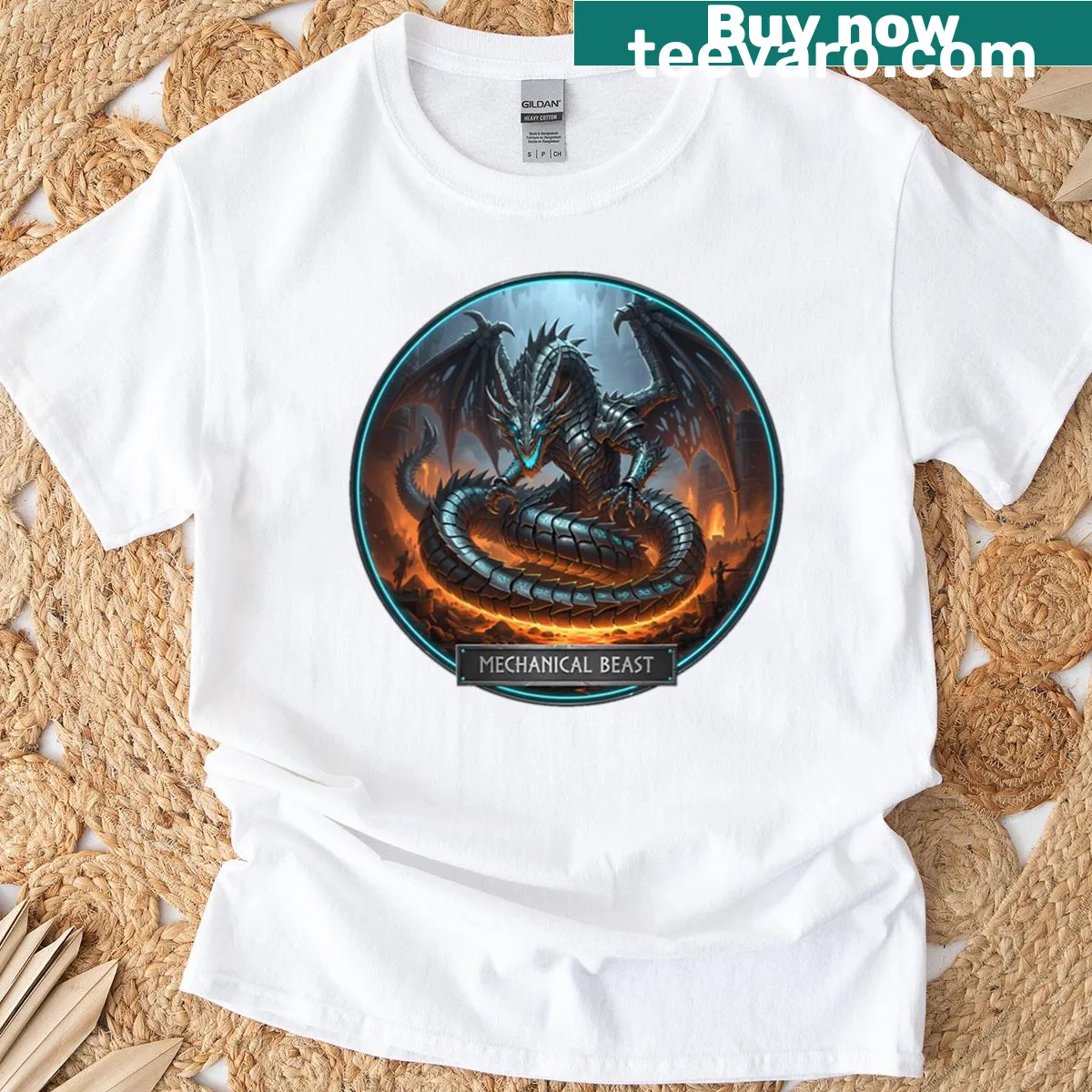 Intricate clockwork dragon illustration on T-shirt — on a men's t-shirt