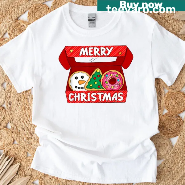 Whimsical Christmas T-shirt with snowman, tree, and donuts illustration